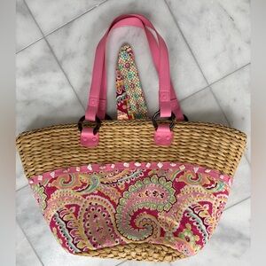 Vera Bradley Pink Paisley Wicker Straw Large Tote Beach Bag